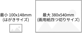 最小100×148mm(はがきサイズ)最大380x540mm(画用紙四つ切りサイズ)