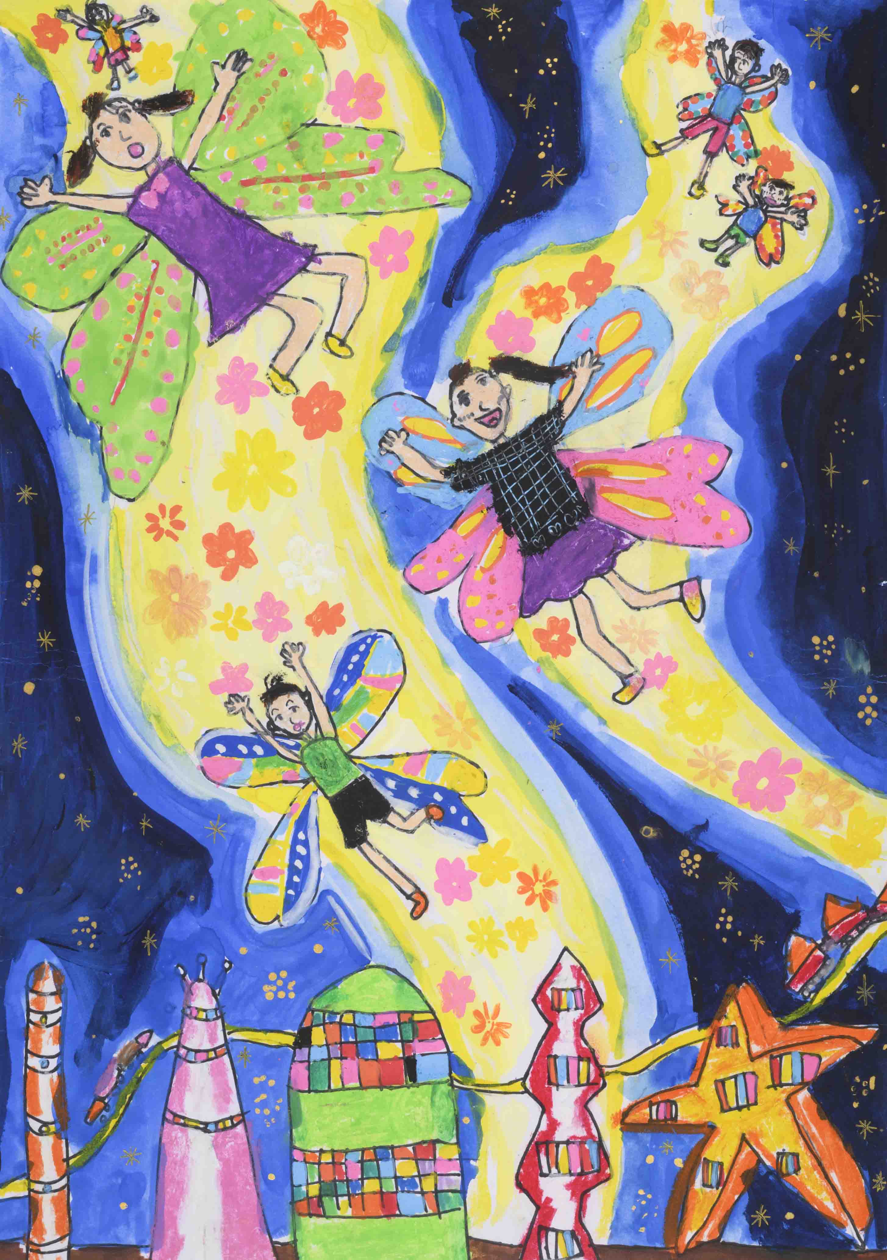 ぷうあ絵画５点 空をとべる町 | 受賞ライブラリー | ドコモ未来ミュージアム