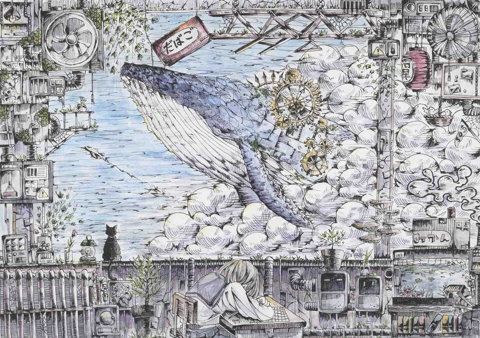 「クジラと仲間たち」（未来絵画） 雲を呼ぶクジラと綺麗な空 | 受賞ライブラリー | ドコモ未来ミュージアム